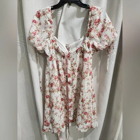 NWT House of CB Princess Puff Sleeve Babydoll‎ Floral Rose Print Mini Dress S