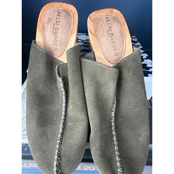 NWT Kelsi Dagger Brooklyn  Journal olive suede clogs mules sz 6 EU 36.5 Anthro