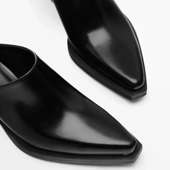NWT. Massimo Dutti Black Leather High-Heel Mules. Size 5.