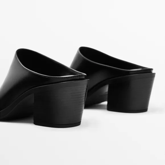 NWT. Massimo Dutti Black Leather High-Heel Mules. Size 5.