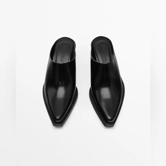 NWT. Massimo Dutti Black Leather High-Heel Mules. Size 5.