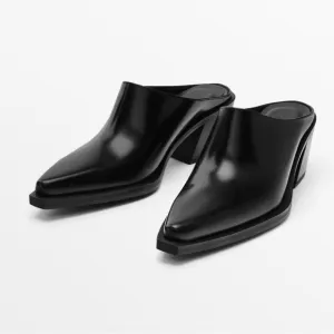 NWT. Massimo Dutti Black Leather High-Heel Mules. Size 5.