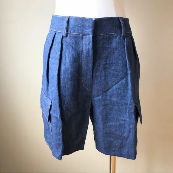 NWT Massimo Dutti Blue Denim 100% Linen Cargo Bermuda Shorts 4