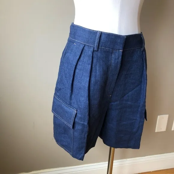 NWT Massimo Dutti Blue Denim 100% Linen Cargo Bermuda Shorts 4