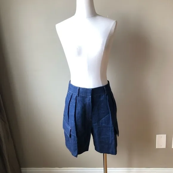 NWT Massimo Dutti Blue Denim 100% Linen Cargo Bermuda Shorts 4