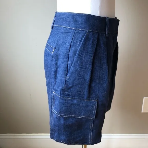 NWT Massimo Dutti Blue Denim 100% Linen Cargo Bermuda Shorts 4