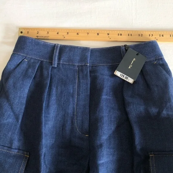 NWT Massimo Dutti Blue Denim 100% Linen Cargo Bermuda Shorts 4