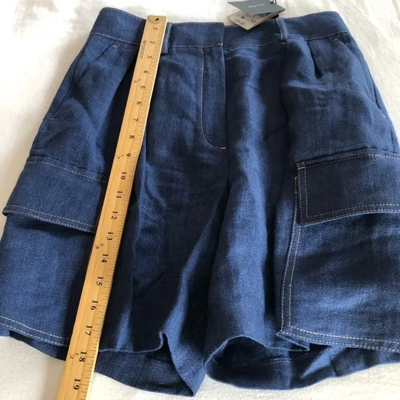 NWT Massimo Dutti Blue Denim 100% Linen Cargo Bermuda Shorts 4