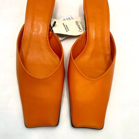 NWT MNG Mango Orange Leather Mules Heel Women’s 38 or 7.5 Pointed Square Toe