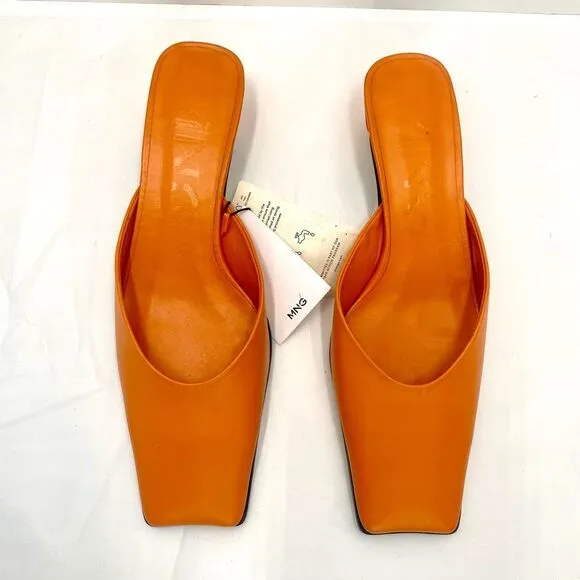 NWT MNG Mango Orange Leather Mules Heel Women’s 38 or 7.5 Pointed Square Toe