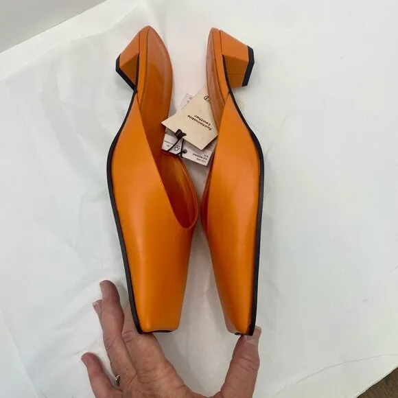 NWT MNG Mango Orange Leather Mules Heel Women’s 38 or 7.5 Pointed Square Toe