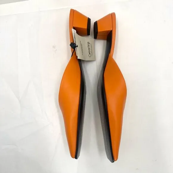 NWT MNG Mango Orange Leather Mules Heel Women’s 38 or 7.5 Pointed Square Toe