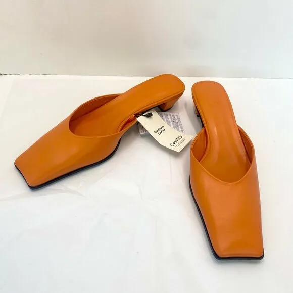 NWT MNG Mango Orange Leather Mules Heel Women’s 38 or 7.5 Pointed Square Toe