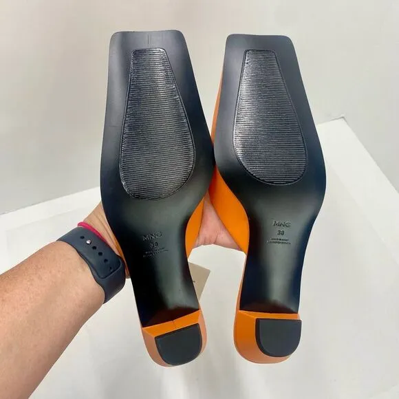 NWT MNG Mango Orange Leather Mules Heel Women’s 38 or 7.5 Pointed Square Toe