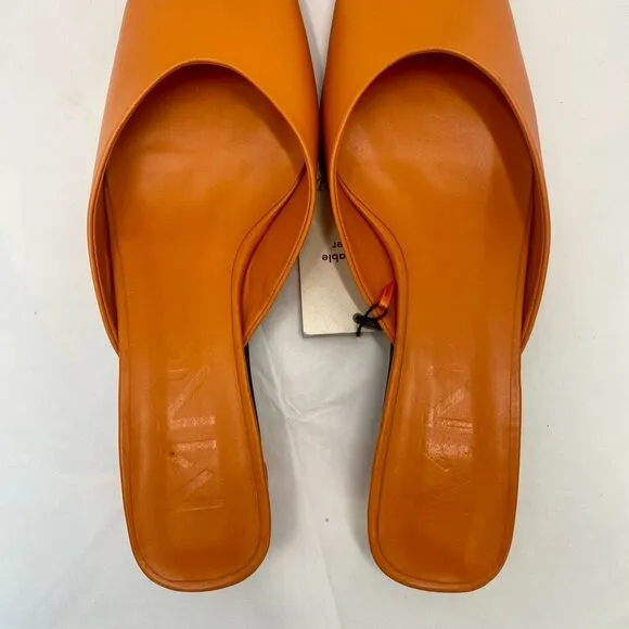 NWT MNG Mango Orange Leather Mules Heel Women’s 38 or 7.5 Pointed Square Toe