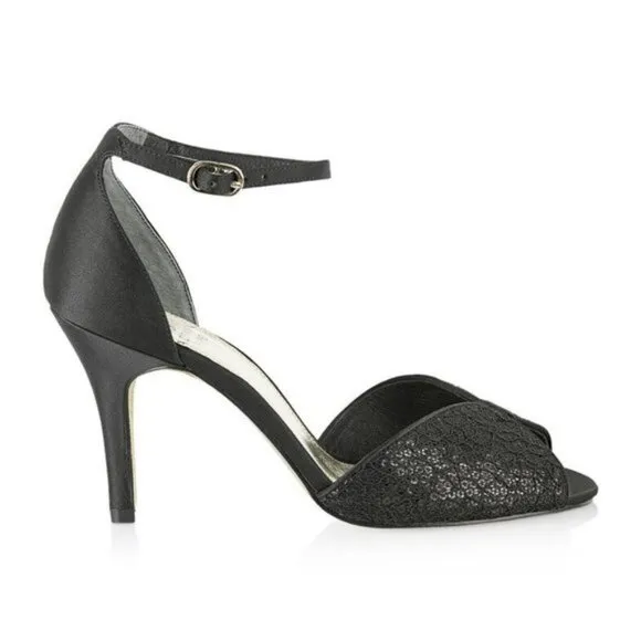 NWT Papell Black Sequined Satin Lace Dress Slingback Party Pump Heels 6