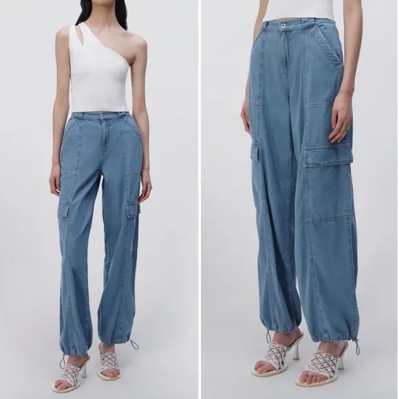 NWT SIMKHAI Calista Cargo Denim Pants Wide Leg Baggy Jeans Size M Revolve Y2K
