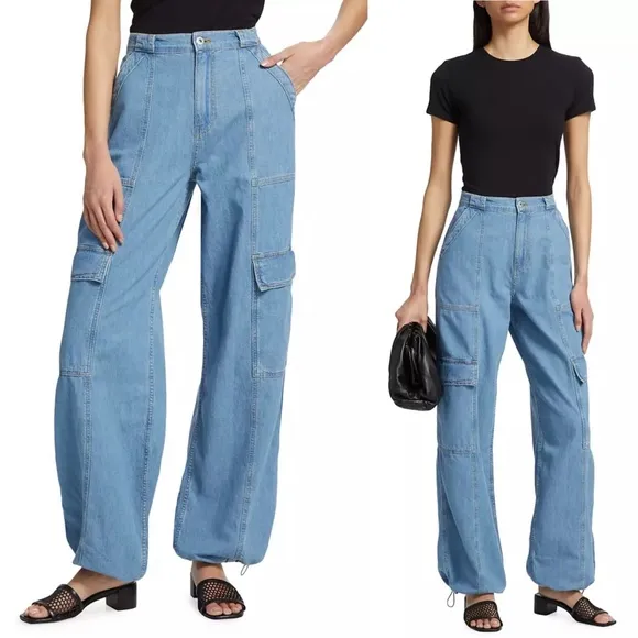 NWT SIMKHAI Calista Cargo Denim Pants Wide Leg Baggy Jeans Size M Revolve Y2K