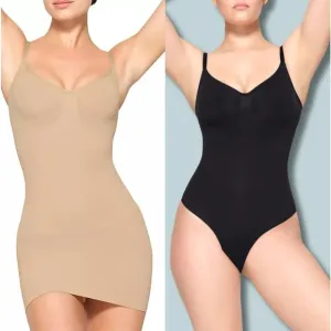 NWT Skims Clay Seamless Sculpt Slip Dress &amp; Black Brief Bodysuit BUNDLE Size L