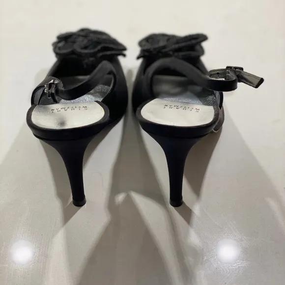 NWT Stuart Weizman 4” black satin heels w/flower. Superbow Satin Pumps w/ Tags
