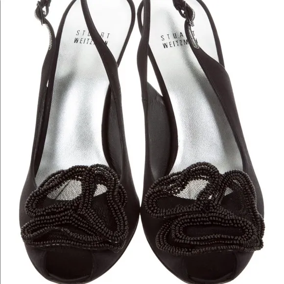 NWT Stuart Weizman 4” black satin heels w/flower. Superbow Satin Pumps w/ Tags
