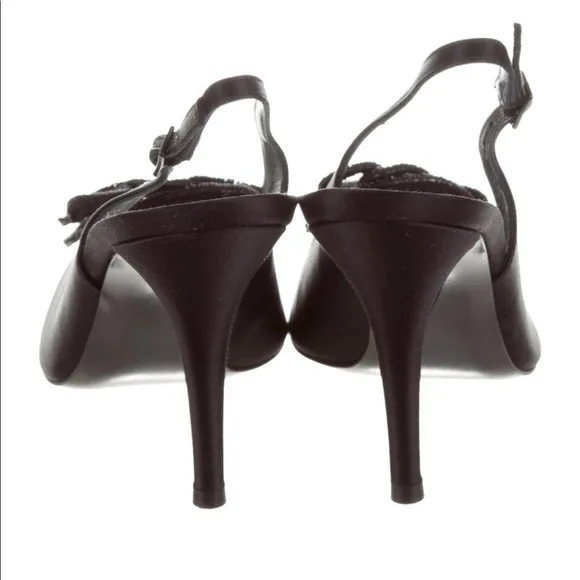 NWT Stuart Weizman 4” black satin heels w/flower. Superbow Satin Pumps w/ Tags