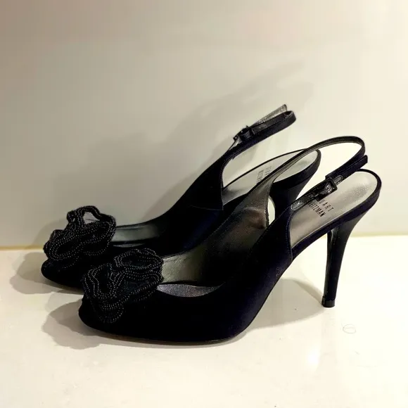 NWT Stuart Weizman 4” black satin heels w/flower. Superbow Satin Pumps w/ Tags