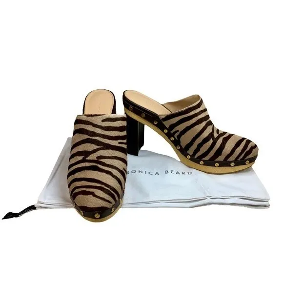 NWT Veronica Beard Grita Calf Hair Mules Clogs 10 Leather Heels Brown Tan