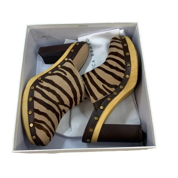 NWT Veronica Beard Grita Calf Hair Mules Clogs 10 Leather Heels Brown Tan
