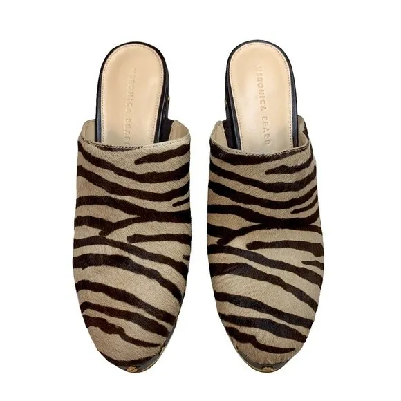 NWT Veronica Beard Grita Calf Hair Mules Clogs 10 Leather Heels Brown Tan