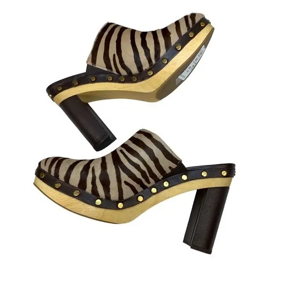 NWT Veronica Beard Grita Calf Hair Mules Clogs 10 Leather Heels Brown Tan