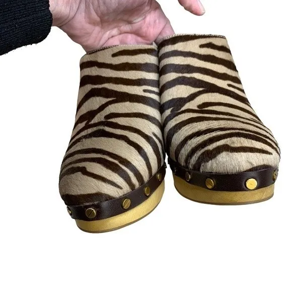 NWT Veronica Beard Grita Calf Hair Mules Clogs 10 Leather Heels Brown Tan