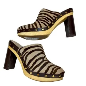 NWT Veronica Beard Grita Calf Hair Mules Clogs 10 Leather Heels Brown Tan