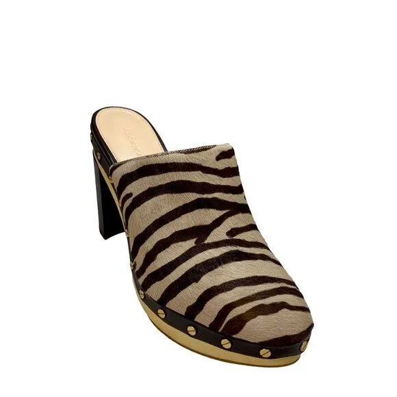 NWT Veronica Beard Grita Calf Hair Mules Clogs 10 Leather Heels Brown Tan