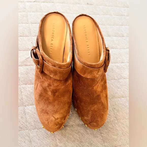 NWT VERONICA BEARD Sz 9.5 Dacey Pecan Lt Brown Suede Heel Clogs Mules Orig$400
