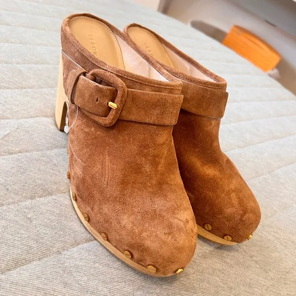 NWT VERONICA BEARD Sz 9.5 Dacey Pecan Lt Brown Suede Heel Clogs Mules Orig$400