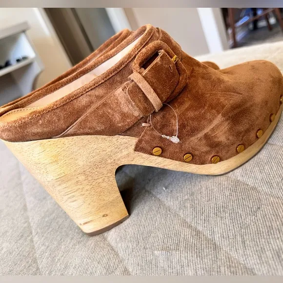 NWT VERONICA BEARD Sz 9.5 Dacey Pecan Lt Brown Suede Heel Clogs Mules Orig$400