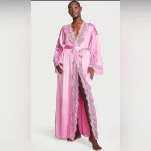 NWT VICTORIA'S SECRET Lace-Trim Satin Set Long Robe Size M/L Nightgown MSRP $190