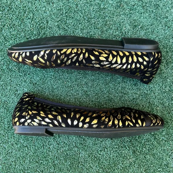 NWT Vionic Caroll Ballet Flat Foil Suede Black Gold 9