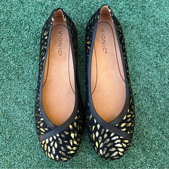 NWT Vionic Caroll Ballet Flat Foil Suede Black Gold 9