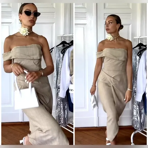 NWT • Zara Asymmetrical Slip MIDI Taupe Dress • XS