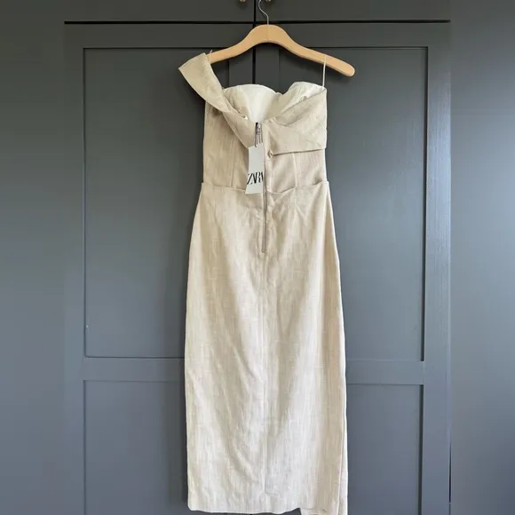 NWT • Zara Asymmetrical Slip MIDI Taupe Dress • XS