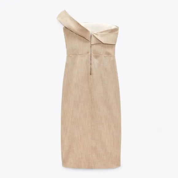 NWT • Zara Asymmetrical Slip MIDI Taupe Dress • XS