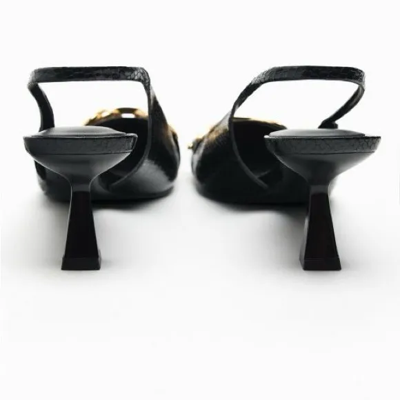 NWT. Zara Black Animal Print High Embossed Heel Mules. Size 9