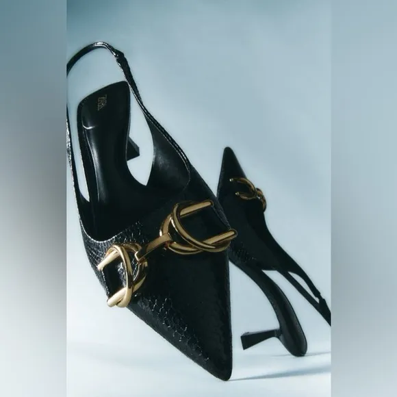 NWT. Zara Black Animal Print High Embossed Heel Mules. Size 9