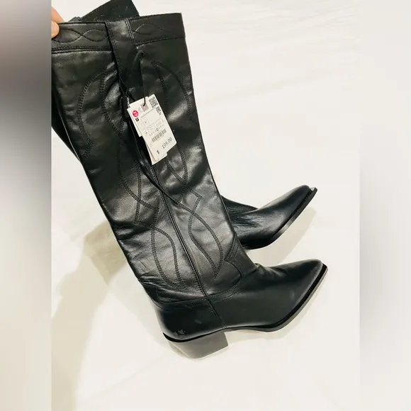 NWT Zara premiumLeather western knee high boots sz 39