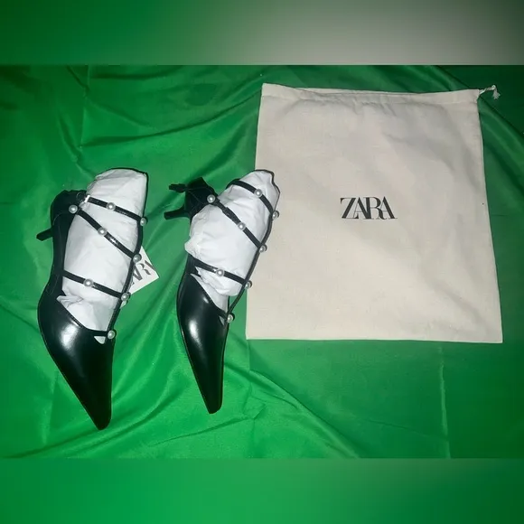 NWT Zara Sling Back Kitten Heels with Pearl Detailing size 38