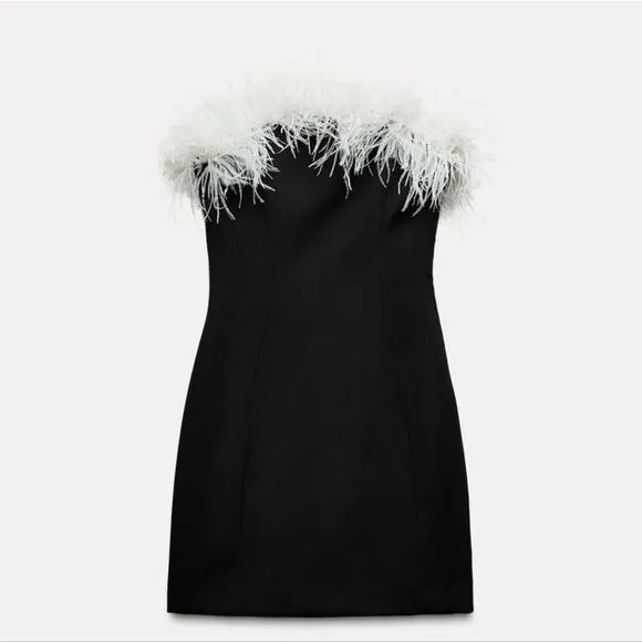 NWT ZARA feather stretchy dress contrasting black&amp;white.  Feathery feather