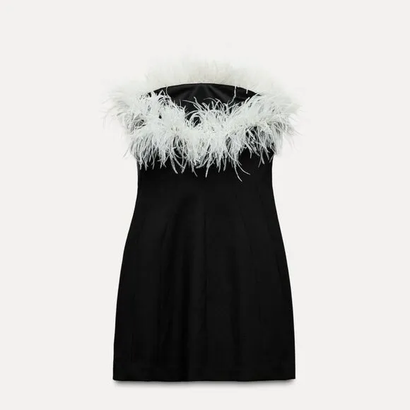 NWT ZARA feather stretchy dress contrasting black&amp;white.  Feathery feather