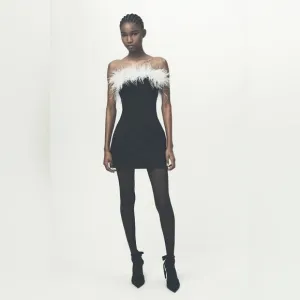 NWT ZARA feather stretchy dress contrasting black&amp;white.  Feathery feather
